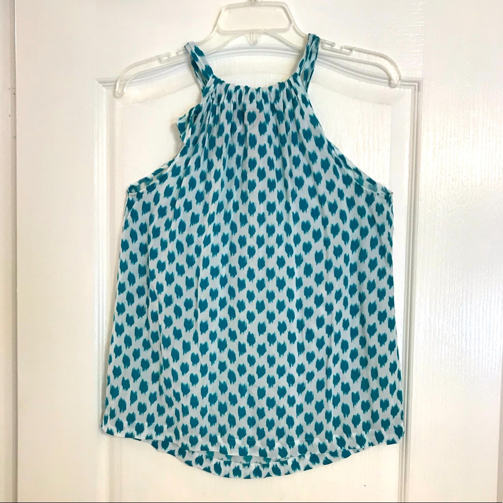 a.n.a. Women’s Racerback Top.  Ties at Neck.  White & Teal.  Rayon.  Size Small